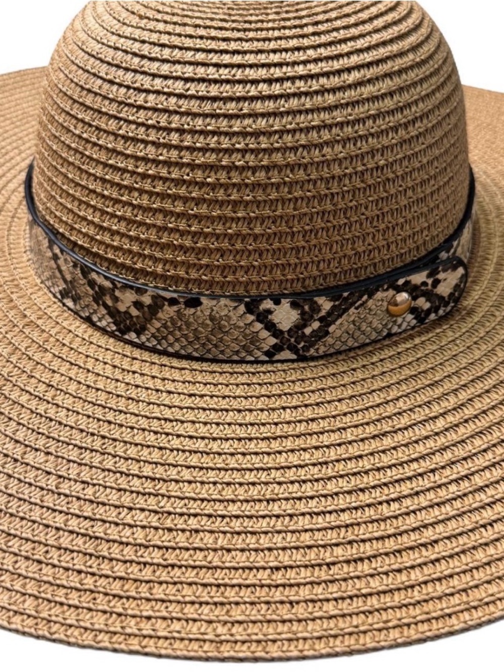 Wide Brim Straw Hat Snake Print Band Boho Coastal Cowgirl Summer Vacation‎